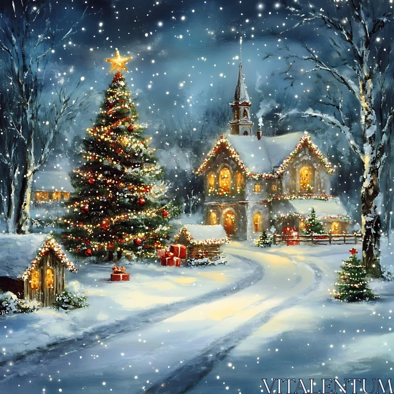 Snowy Village in Christmas Splendor AI Image