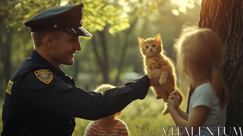 Officer Presenting Kitten to Kids in Sunlit Forest AI Image