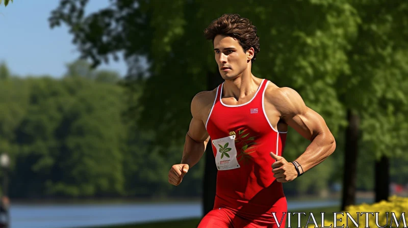 Athletic Young Male Runner in Red Singlet and Black Shorts AI Image