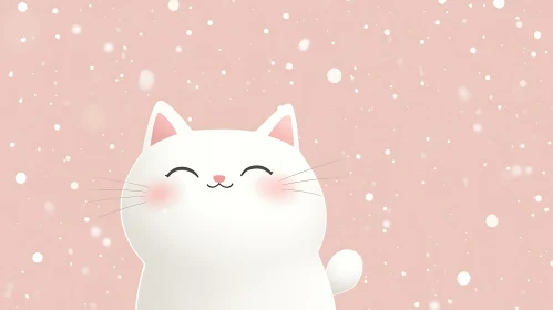 Cute Happy Cat with Snowflakes on Pink Background