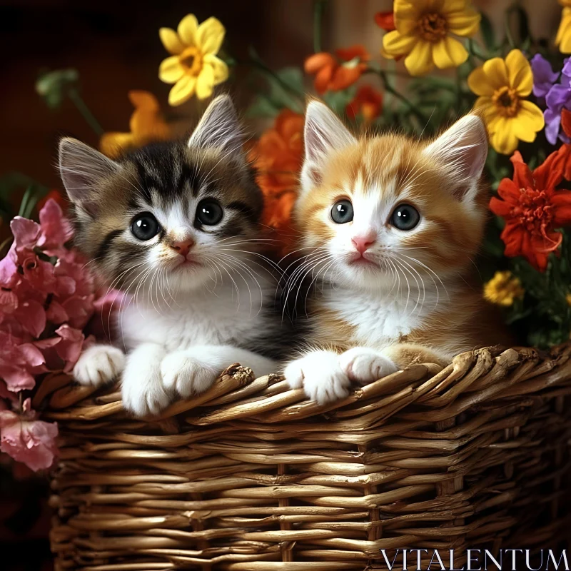 Cute Kitties and Flowers in a Basket AI Image