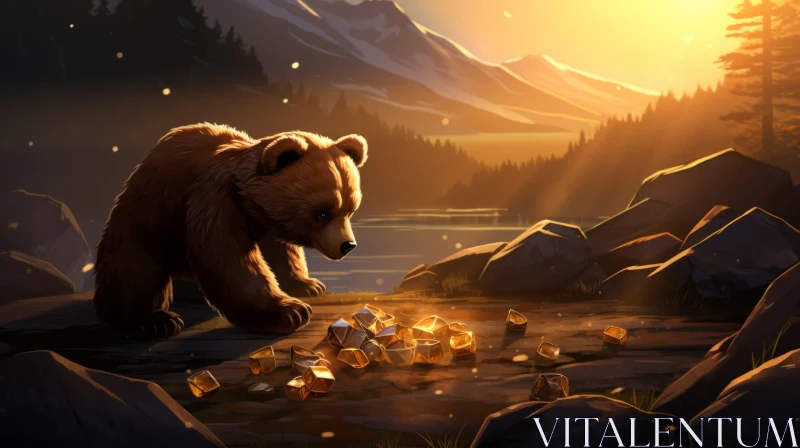 Bear's Golden Adventure: A Luminous Landscape Illustration AI Image