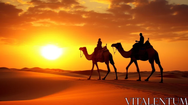 Camel Ride at Sunset in the Desert: A Historic and Oriental Scene AI Image
