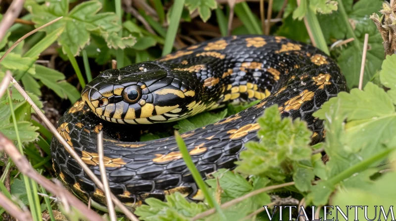 Close-Up Photograph of a Coiled Black Snake in the Grass AI Image