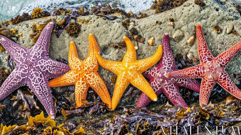 Colorful Sea Stars on Rock with Seaweed - Nature Art AI Image