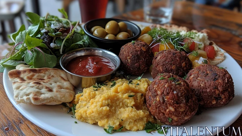Delicious Plate of Food: Salad, Falafel, Olives AI Image