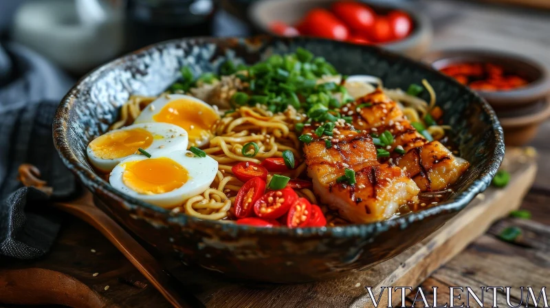 AI ART Delicious Ramen with Grilled Salmon and Egg | Rustic Wooden Table