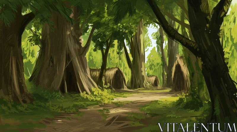 Enchanting Digital Painting of a Forest with Path and Huts AI Image