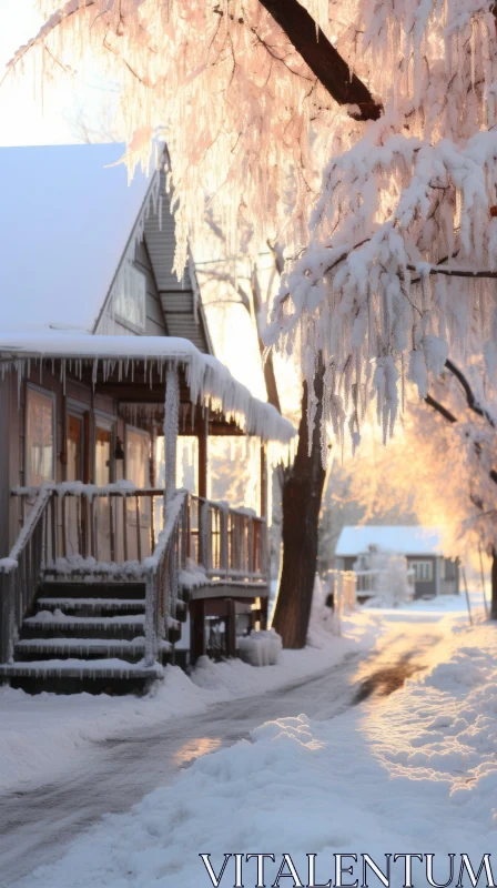 AI ART Enchanting Winter Scene: House on Ice-Covered Road and Snow-Covered Trees
