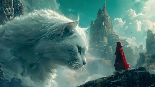 Fantasy Landscape with Giant Cat and Red Cloak