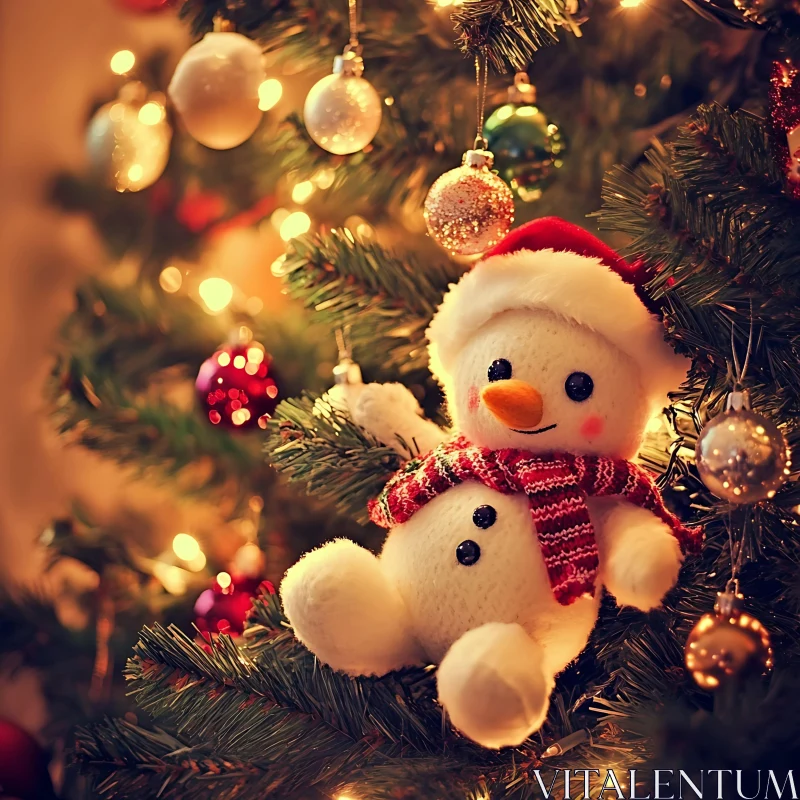 Festive Snowman on Christmas Tree AI Image