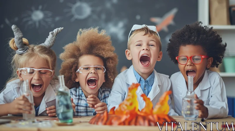 Joyful Chaos: Kids in Lab Coats with Chilling Creatures AI Image