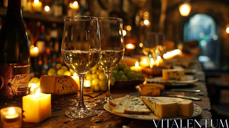 Luxurious Still Life: Wine Glasses, Cheese, and Rustic Charm AI Image