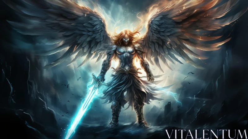 Majestic Angel Warrior in Storm with Sword AI Image