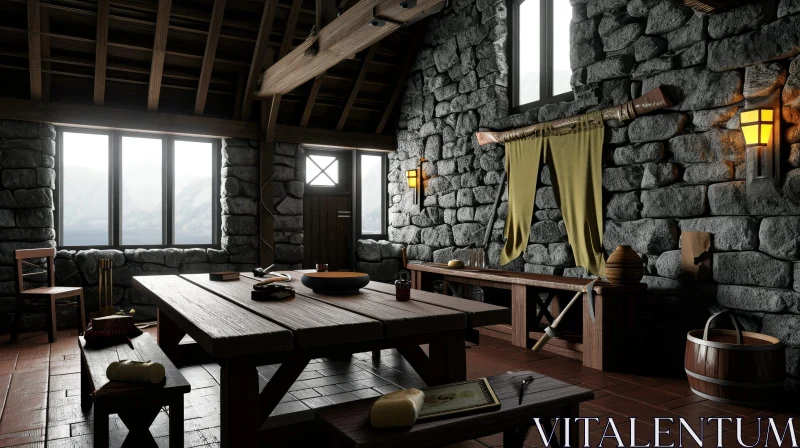 Medieval Tavern Interior: A 3D Rendering of a Cozy and Rustic Space AI Image