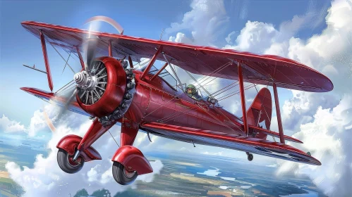 Red Biplane Flying in the Blue Sky