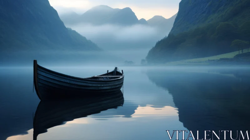 Small Boat on Tranquil Lake Amidst Norwegian Mountains AI Image