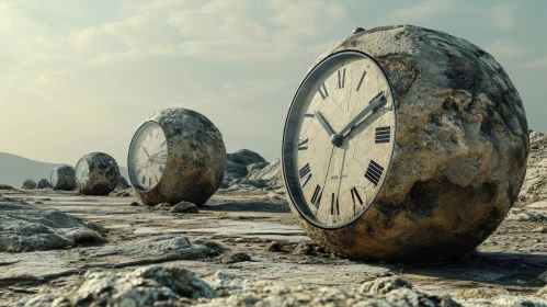 Surreal Desert Landscape with Stone Spheres and Clocks