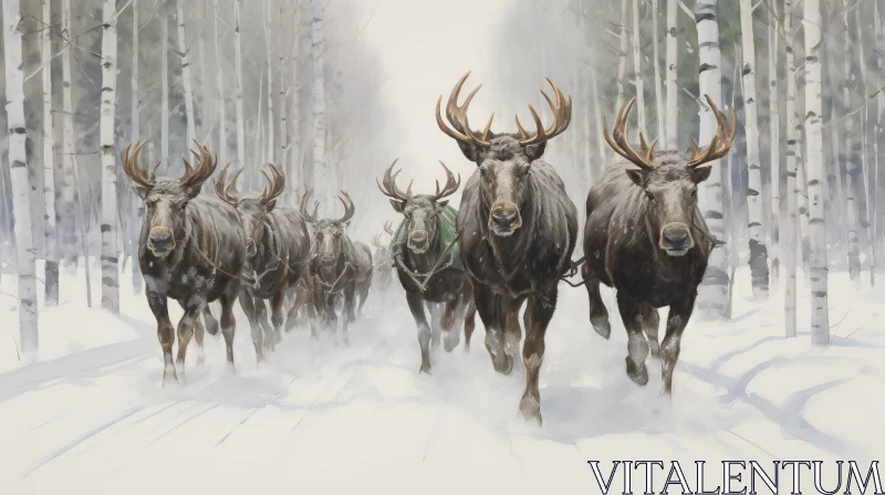Winter Wildlife: Majestic Moose Running in Snowy Forest AI Image