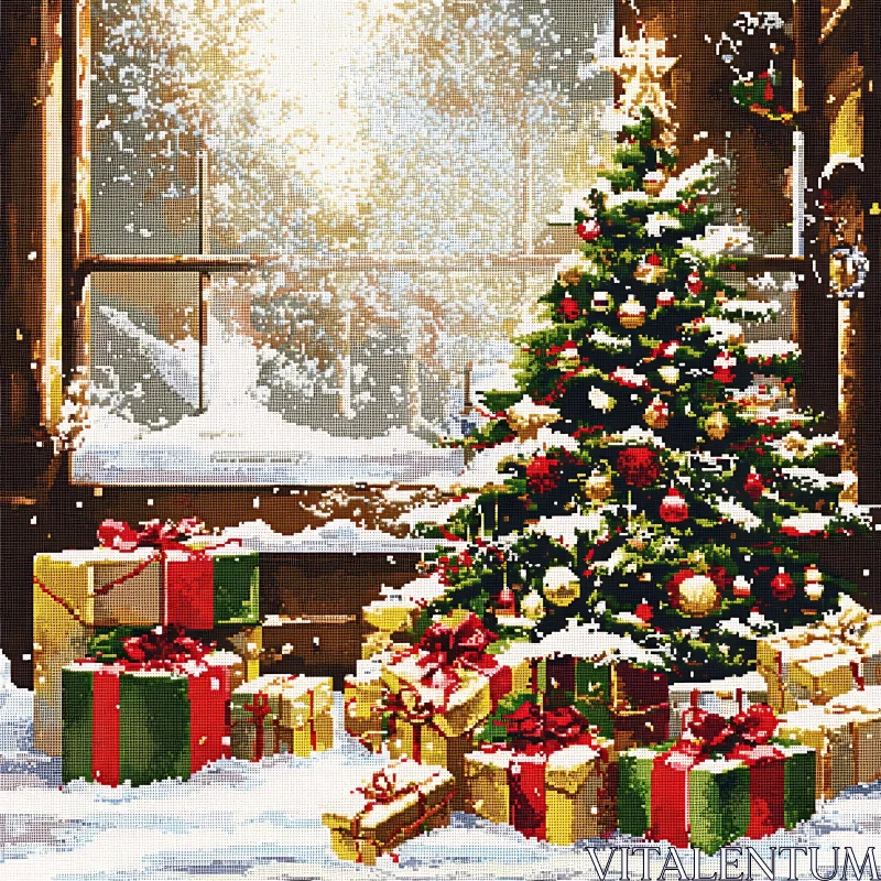 Festive Christmas Scene with Wrapped Gifts and Snow AI Image