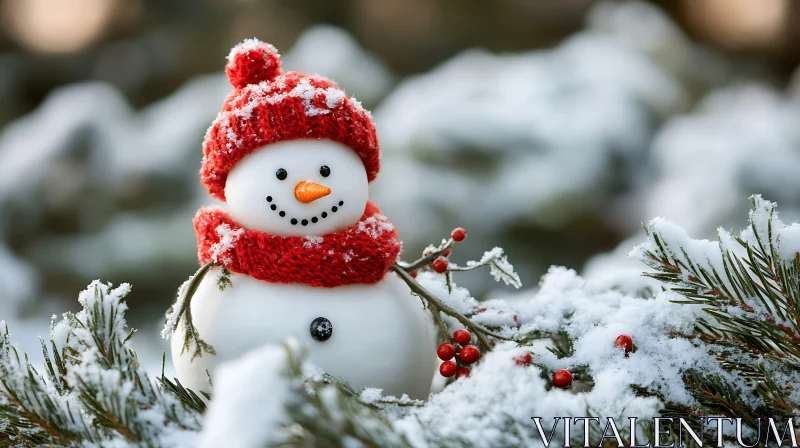 Smiling Snowman with Red Knit Hat and Scarf AI Image