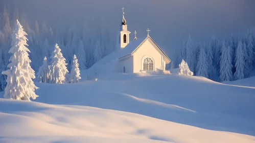 Peaceful Snowy Church in Winter Forest