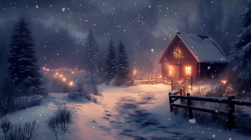 Cozy Winter Cabin with Holiday Lights and Snow