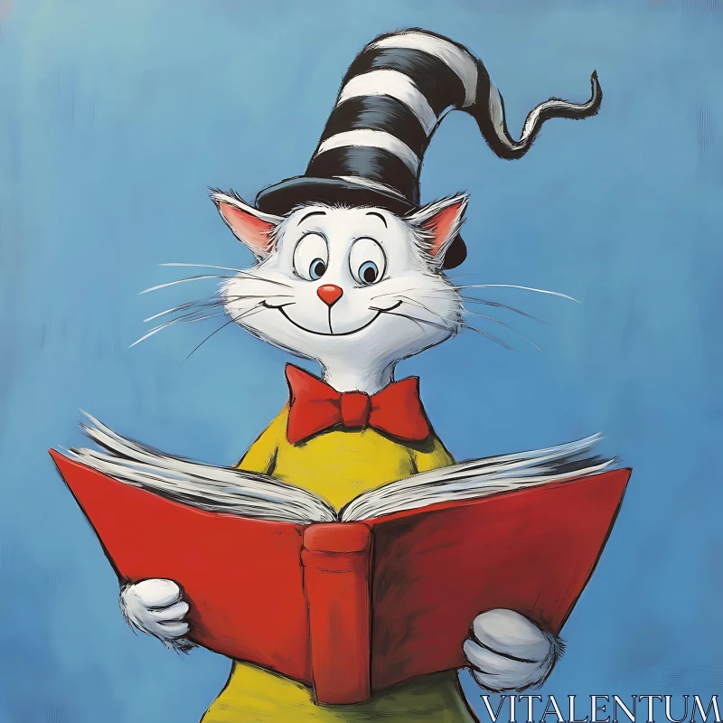 Cheerful Cat with Striped Hat Reading a Red Book AI Image