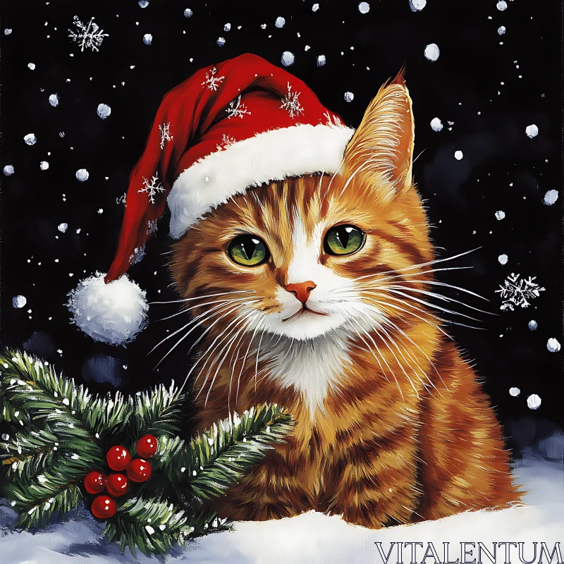 Festive Tabby Cat with Snowflakes AI Image