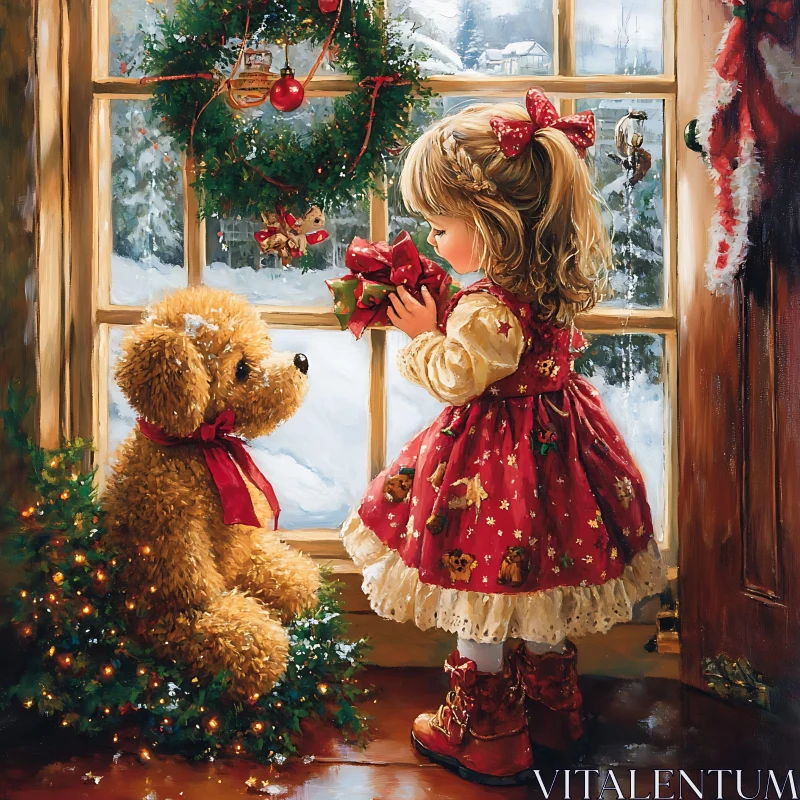 AI ART Festive Holiday Moment with Young Girl and Teddy Bear