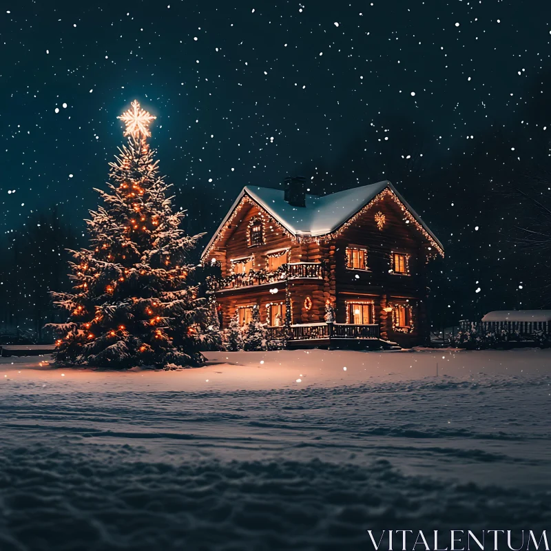 Festively Illuminated Cabin with Christmas Decor AI Image