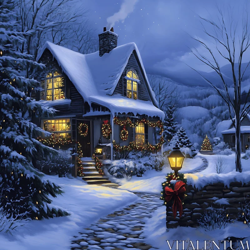 Winter Wonderland: Festively Decorated Snowy Cabin AI Image