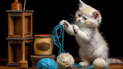 Adorable Kitten Playing with Yarn on Wooden Table