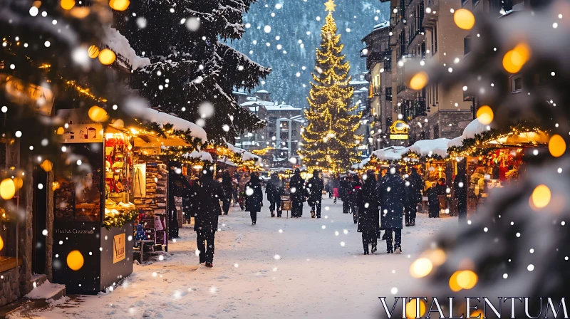 Snow-covered Christmas Market with Festive Lights AI Image