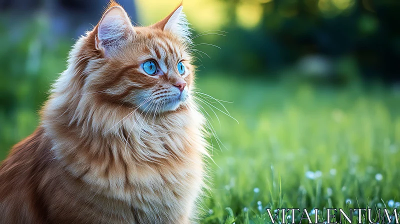 Ginger Cat with Vibrant Blue Eyes Outdoors AI Image