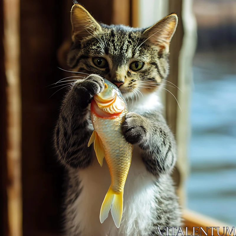 Adorable Cat and Shiny Goldfish Interaction AI Image