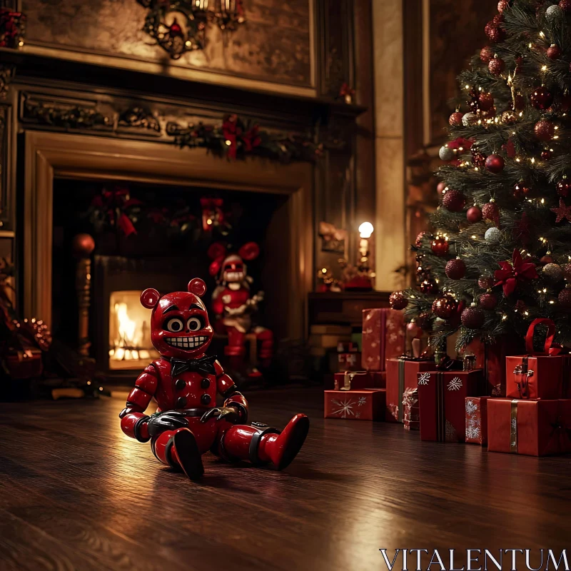 Holiday Robot Toy by Christmas Tree in Warm Setting AI Image