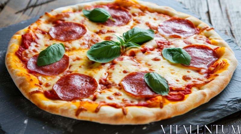 Delicious Pizza with Pepperoni and Basil on a Black Stone Plate AI Image