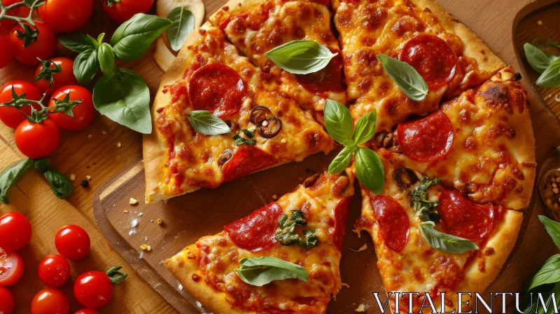 Delicious Pizza with Pepperoni, Cheese, and Basil AI Image