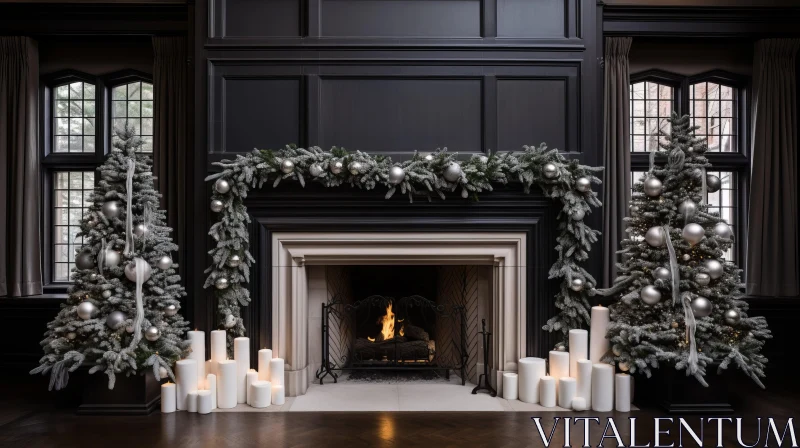 Elegant Christmas Fireplace with Foliage and Candles AI Image