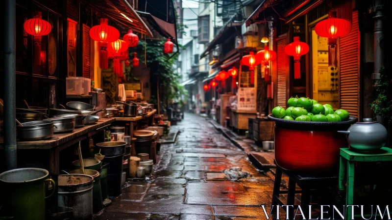 Enchanting Alley with Lanterns and Abundant Pots of Fruits and Vegetables AI Image