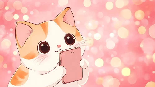 Cute Cat with Pink Smartphone Illustration