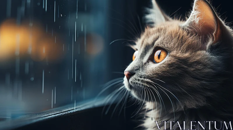 AI ART Ginger Cat on Rainy Windowsill - Tranquil Still Life