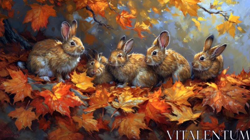 Rabbits on Fallen Leaves Painting - Warm and Inviting Artwork AI Image