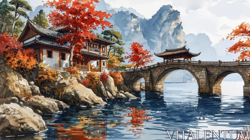 Scenic Watercolor Painting of a Chinese Village by the River AI Image