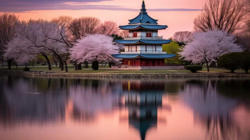 Tranquil Japanese Pagoda and Cherry Blossom Landscape