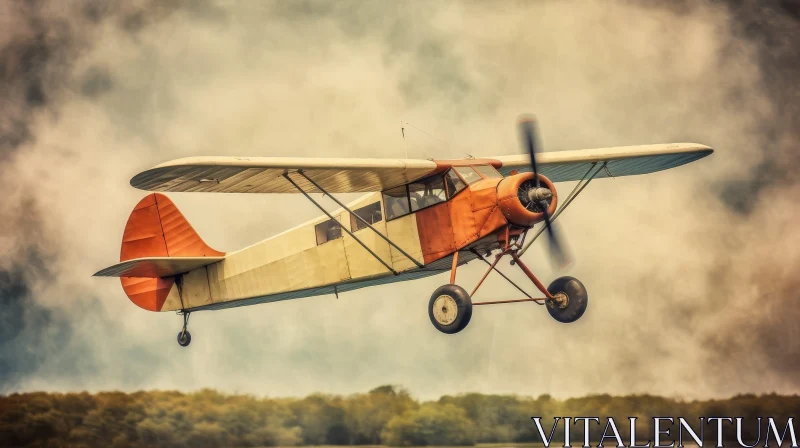 Vintage Airplane in Flight over Forest | Orange and White Plane AI Image