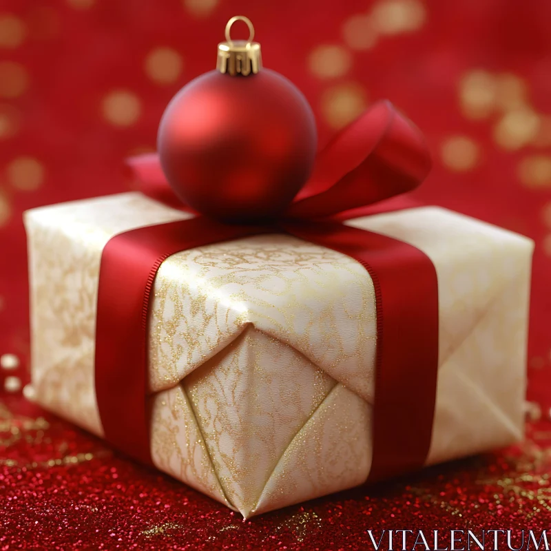 Festive Wrapped Gift Box and Ornament AI Image