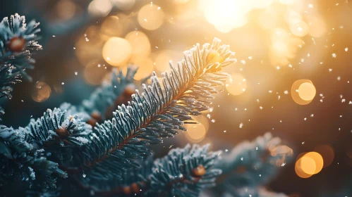 Snow-Dusted Pine Needles and Sunlit Bokeh