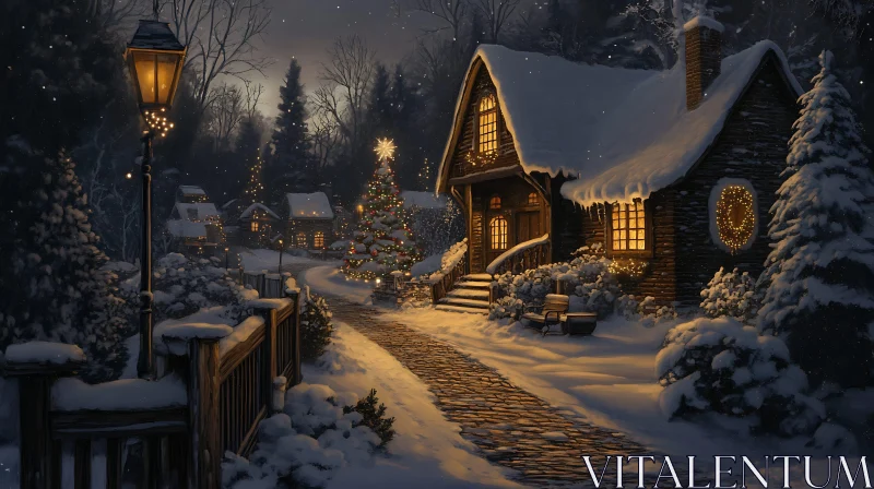 AI ART Festive Winter Night Scene with Illuminated Cabins